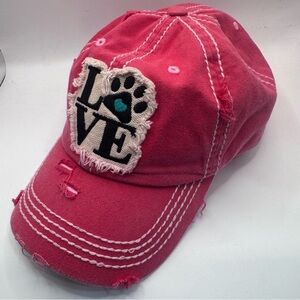 “Paw Love” Women’s Vintage Pink Distressed Ball Cap, Adjustable Strapback, NWOT